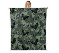 feelingyou Coperta in flanella con farfalle, falena selvaggia della giungla, per camera da letto e soggiorno, in morbido pile accogliente, con farfalle nere e verdi stampate, decorazione per letto