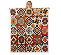 feelingyou Coperta in pile boho nativo, dimensioni gemelli griglia geometrica patchwork tribù azteco letto gettare per adolescenti fiori astratti decorazione per la casa per ufficio