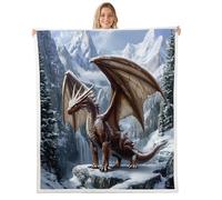 feelingyou Coperta in pile con drago, animali selvatici occidentali, coperta in peluche per bambini e adolescenti, bella decorazione per la stanza, coperta in flanella invernale con neve e ghiaccio,