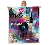 feelingyou Coperta in pile di flanella a tema musicale, stile retrò, con labbra rosa, per decorazione rustica della casa, sagoma di chitarra, hippie, graffiti, arte, coperta leggera per divano e