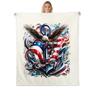 feelingyou Coperta in pile di flanella con motivo con aquila, motivo bandiera americana, per ragazzi e ragazze, per tutte le stagioni, stile nautico, decorazione per la stanza, 76 x 101 cm, beige, blu