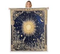 feelingyou Coperta in pile di flanella con sole e luna, galassia stellata in stile bohémien, per ragazzi e ragazze, per tutte le stagioni, decorazione per camera da letto, 76 x 101 cm, blu navy kaki