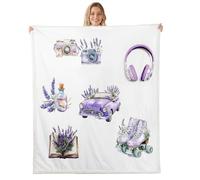 feelingyou Coperta in pile di flanella viola con fiori in stile rustico, per ragazzi e ragazze, per tutte le stagioni, pattini a rotelle, chic, sportiva, decorazione per la stanza, 229 x 228 cm