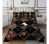 feelingyou Copriletto patchwork natalizio con 2 ciotole per cuscini rustico, con orsetto selvatico, taglia M, per adolescenti, adulti, foglie rosse e verdi, biancheria da letto trapuntata