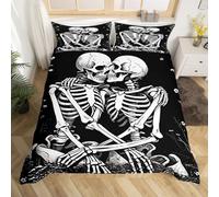 feelingyou Cranio Copripiumino L Dimensione, Coppia Scheletro Gotico Cranio Copripiumino Set per Bambini, Kissing Lovers Romantico Floreale Consolatore Copertura per Stanza, Cerniere, Cravatte