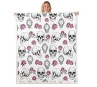 feelingyou Cranio Stampa Pile Coperta Gemelli Dimensioni Retro Scheletro Rosa Fiore Orologio Decorazione Coperta per Ragazzi Ragazzi Ragazze Gotico Rustico Vintage Stile Casa Decorazione per Ufficio