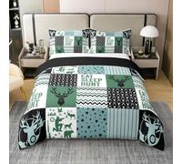 feelingyou Deer - Set copripiumino patchwork in 100% cotone naturale, taglia XL, per mangiare, dormire, caccia, a tema, coperta con 2 cuscini, avventura, bianco, verde, nero, trapunta trapuntata, 3