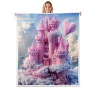 feelingyou Dreamy Castle - Coperta in pile di flanella, motivo castello delle fiabe, per ragazzi e ragazze, per tutte le stagioni, decorazione per camera da letto, 229 x 228 cm, colore: rosa e grigio