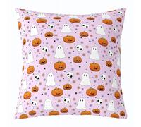 feelingyou Federa per cuscino con scritta "Happy Halloween", 60 x 60 cm, set da 1 pezzo, con simpatico fantasma, acquerello, zucca, per adulti, fiori colorati, stelle, viola, per divano