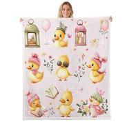 feelingyou Graziosa coperta in pile di flanella, stile rustico con anatra, per ragazzi e ragazze, per tutte le stagioni, con fiori, decorazione per la stanza, 127 x 152 cm, rosa e giallo
