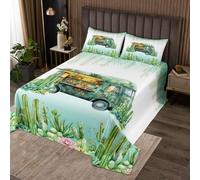 feelingyou Happy Camping Coverlet Set M Dimensione,Boho Camper RV Trailer durevole trailer copriletto per ragazze adolescenti,acquerello verde cactus pianta morbido poliestere trailt set con 2 federe