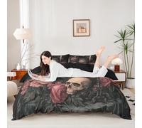 feelingyou Set copripiumino king size con corvo nero, romantico gotico con rose e 2 federe, set di biancheria da letto decorativo traspirante con scheletro di zucchero, piumino non incluso