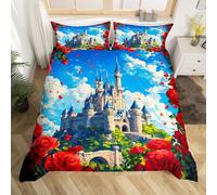 feelingyou Set copripiumino matrimoniale con castello delle principesse, romantico set di biancheria da letto con rose rosse che sbocciano floreale, tema fiabesco, castello fantasy (senza
