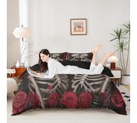 feelingyou Set copripiumino per letto super king size, motivo floreale con rose, con 2 federe, in microfibra, motivo teschio gotico, per donne adulte, piumino non incluso