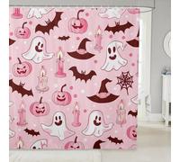 feelingyou Set di tende da doccia con fantasmi dei cartoni animati Halloween pipistrelli zucca lanterna tende da bagno per bambini decorazione carino fantasma pois tenda da doccia rosa nero tende