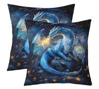 feelingyou Simpatico set di federe per cuscino 3D con drago, 2,45 x 45 cm, motivo romantico cielo stellato, decorazione montagna, per bambini, motivo drago blu magico e rustico