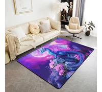 feelingyou Tappeto da soggiorno con drago, animale, 100 x 150 cm, per camera da letto, per bambini, ragazzi, viola, luna, galassia, fiori, decorazione per la casa