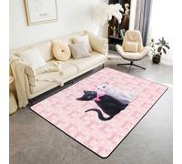 feelingyou Tappeto per soggiorno con simpatici gatti, 100 x 150 cm, colore nero e bianco, coppia di sbornie, camera da letto, per bambini, ragazzi, rosa, con fiocco a pois, decorazione per interni
