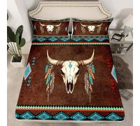 feelingyou Tauren, lenzuolo con angoli per letto singolo, motivo teschio azteco, con angoli profondi e motivo geometrico dei nativi americani, per bambini e adulti, 2 pezzi, 1 federa, lenzuolo