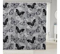 feelingyou Tenda da bagno nera e grigia con farfalle, stile fattoria, tenda da doccia per bambini e ragazzi, tessuto impermeabile con falene selvatiche, con ganci per bancarelle, 183 x 198 cm