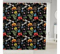 feelingyou Tenda da doccia a forma di libellula, tenda da bagno decorativa con piante rustiche e papaveri ad acquerello, con farfalle blu, coccinelle, animali, decorazione per la casa e il bagno