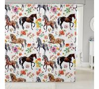 feelingyou Tenda da doccia con cavalli, tenda da bagno decorativa rustica, fiori ad acquerello, decorazione per la casa e il bagno, tessuto in poliestere impermeabile 183 x 213 cm