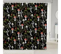 feelingyou Tenda da doccia con fiori rossi e fragole rustiche, con ganci, stile casale, foglie di plam, decorazione per la stanza da bagno, accessori da bagno a forma di fungo, pannello impermeabile