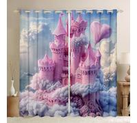 feelingyou Tenda per camera da letto con castello da sogno, edificio delle fiabe, per bambini, soggiorno, nuvola, castello, cielo, decorazione per finestre, tende rosa e grigio, 117 x 137 cm, 2