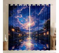 feelingyou Tenda per camera da letto con luci notturne, stile giapponese, per bambini, soggiorno, nuvola, luna, cielo, decorazione per la casa, blu navy e oro, set di 2 pannelli, 168 x 228 cm