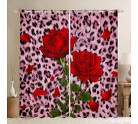 feelingyou Tenda per soggiorno con rosa rossa, stampa leopardata, per camera da letto di bambini e ragazzi, per San Valentino, decorazione per la stanza, tende per finestre, 168 x 183 cm, 2 pannelli