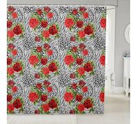 feelingyou Tende da doccia a strisce astratte nere e bianche, motivo zebrato ghepardo, tenda da bagno in tessuto con fiori rossi, set di decorazioni per il bagno con ganci, lunghezza 213,4 cm