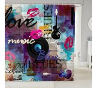 feelingyou Tende da doccia a tema musicale, tenda da bagno con labbra rosa e musica retrò, silhouette hippy, graffiti, set di decorazioni per il bagno con 12 ganci per vasca da bagno, lunghezza 183 cm