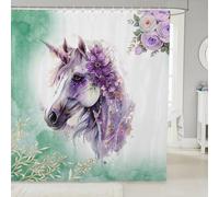 feelingyou Tende da doccia con cavalli, tenda da bagno rustica, fiori di lavanda viola, set di decorazioni per il bagno con 12 ganci per vasca da bagno, lunghezza 183 cm