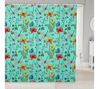 feelingyou Tende da doccia con libellula, tenda da bagno rustica con animali e coccinella, set di decorazioni per il bagno con fiori di papavero, con 12 ganci per vasca da bagno, lunghezza 183 cm