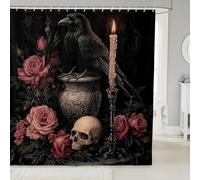 feelingyou Tende da doccia con scheletro, romantica tenda da bagno gotica con rose, in tessuto nero con corvo, decorazione per il bagno con ganci, lunghezza 213,4 cm