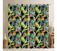 feelingyou Tende per finestre con pappagallo, stile rustico, tropicale, con fiori di cactus tropicali, decorazione per camera da letto, uccelli, giardino, natura, verde, 2 pannelli, per adulti e