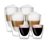 Feelino - Set di 6 bicchieri termici a doppia parete, 2 x 80 ml, 2 x 310 ml, per latte macchiato, 2 x 400 ml, in confezione da 2 pezzi