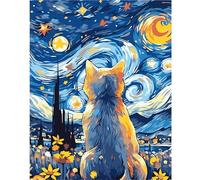 feelive Pittura a forma di gatto con i numeri, per adulti, fai da te, cielo stellato, dipinto a mano, kit di tela con pennelli e vernice acrilica, per decorazione della parete della casa, 30 x 40 cm