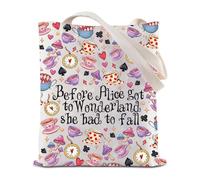 FEELMEM Alice Cartoon Merchandise She Had To Fall Tote Bag Alice Regali per gli appassionati di Tea Party Borsa a tracolla letteraria, Beige