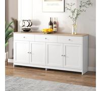 FEEOHOME Credenza da cucina, mobile portaoggetti multifunzionale con 3 cassetti e 4 ante, cassettiera bianca bianca, armadio da cucina, per soggiorno, ufficio, 160 x 37 x 75 cm