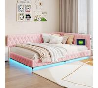 FEEOHOME Divano letto imbottito 140 x 200 cm, letto divano letto matrimoniale funzionale con USB e LED, letti matrimoniali imbottiti con rete a doghe per camera da letto, soggiorno (rosa)