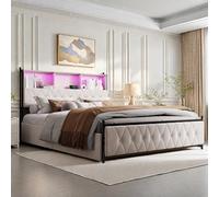 FEEOHOME Letti Cassetto 160 x 200 cm, Letto Matrimoniale imbottito con 4 cassetti, Letti Cassapanca con LED e ricarica USB, telaio letto con testiera per adulti e adolescenti, velluto, beige