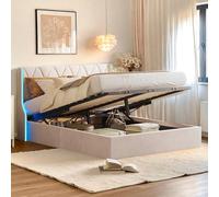 FEEOHOME Letto baule 140 x 190 cm, letto matrimoniale con spazio portaoggetti e rete a listelli, letto matrimoniale imbottito, testiera con LED, telaio per letti per adulti e ragazzi, velluto