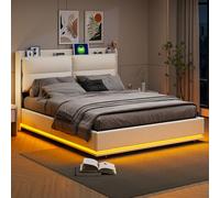FEEOHOME Letto baule 140 x 200 cm, letto matrimoniale imbottito con contenitore e rete a doghe con LED e porte USB, letto multifunzione, telaio letto per adulti e adolescenti, velluto beige