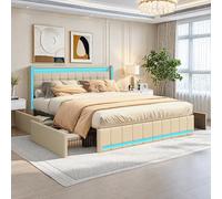 FEEOHOME Letto Cassetto 140 x 190 cm, Letto Matrimoniale Imbottito con Rete a Doghe e 4 Cassetti, Letto Matrimoniale Multifunzione con LED e USB, Telaio Letto per Adolescenti, Lino