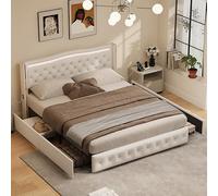 FEEOHOME Letto cassetto 140 x 200, letto matrimoniale imbottito con 4 cassetti e rete a doghe per letti 2 persone, telaio letto con luci a LED e porte USB, per adulti adolescenti, bianco, PU (140 x