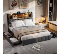 FEEOHOME Letto cassetto 140 x 200, LIT Cassettiera con spazio portaoggetti e 4 cassetti, letto matrimoniale imbottito con telaio letto e rete a doghe con LED e USB, per adulti e ragazzi ragazzi e