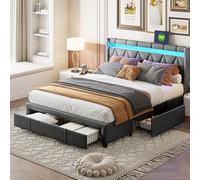 FEEOHOME Letto cassetto 140 x 200, LIt LIt doppio imbottito con contenitore e 4 cassetti, lIt Cassaforte, testiera con LED e USB, telaio per letti con rete a doghe per adulti adolescenti, lino, grigio