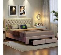 FEEOHOME Letto Cassetto 160 x 200 cm, Letto Matrimoniale Imbottito con Armadio e 2 Cassetti, Letto 2 Posti, Telaio Letti con LED e Rete a Doghe per Adulti Adolescenti, Velluto Beige