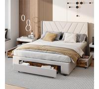 FEEOHOME Letto Cassetto 160 x 200 cm, Letto Matrimoniale Imbottito con Cassetto e 3 Cassetti, Letto Matrimoniale 2 Persone, Telaio Letti con Rete a Doghe per Adulti Adolescenti, Beige, Lino